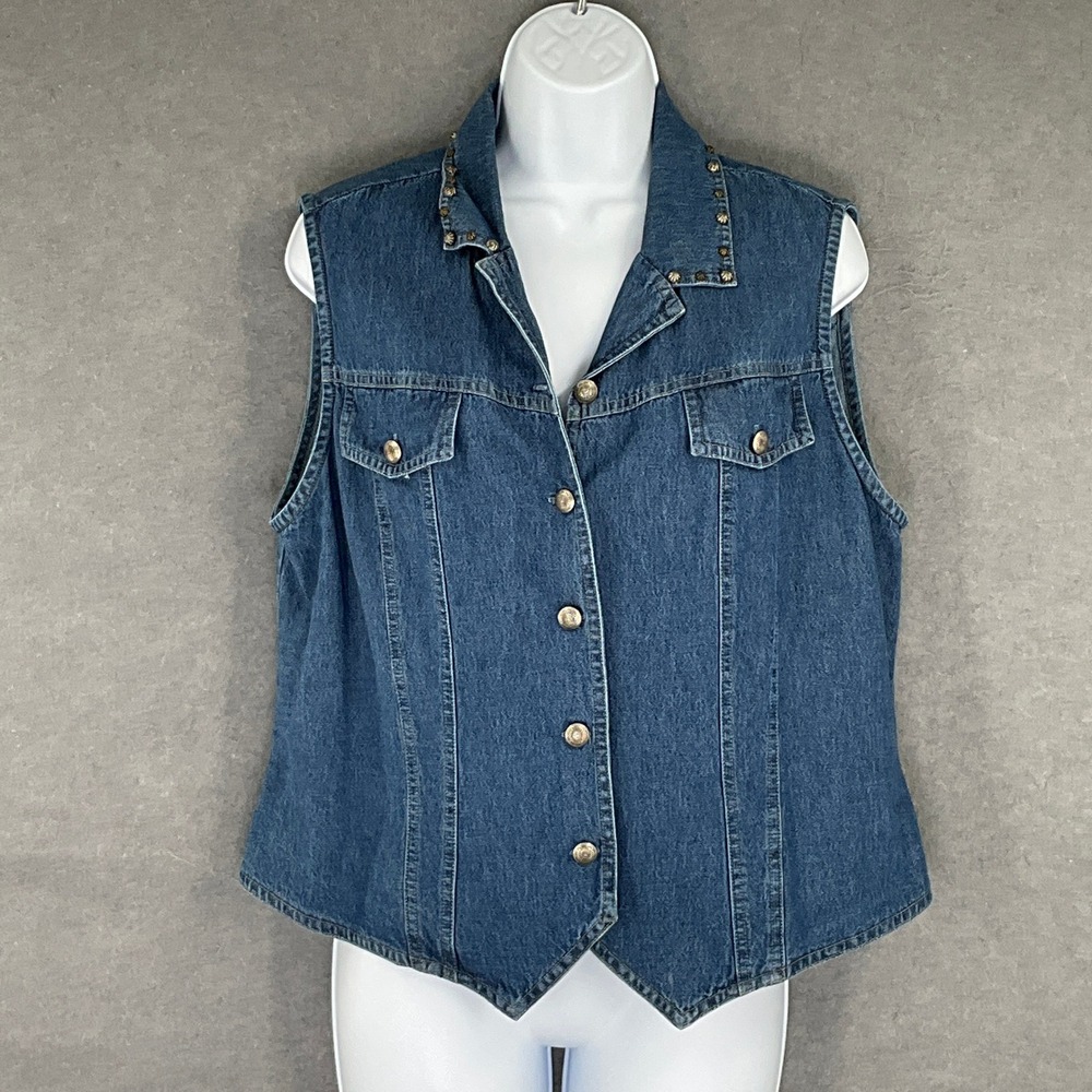 Vintage Denim Vest Womens Studded Collar Button Front‎ Sz L Ranchwear Cowgirl